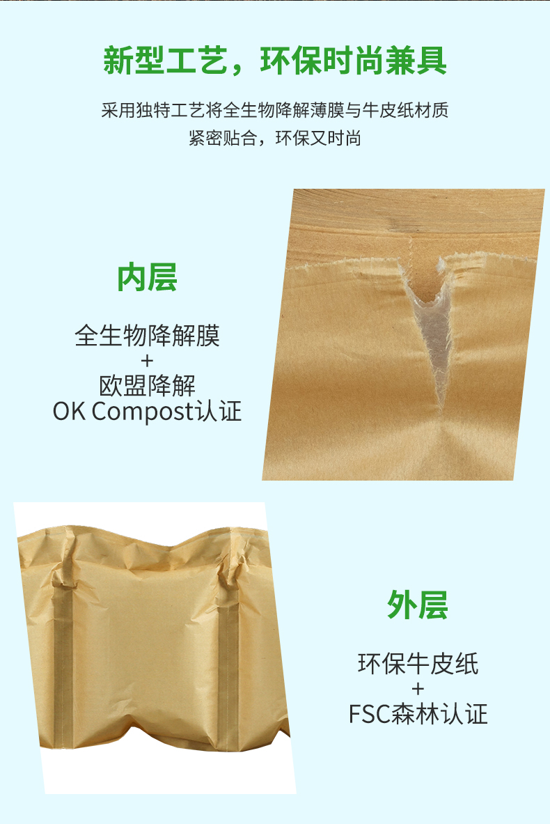 BioAir 紙氣泡枕(紙F(tuán)iller)內(nèi)層為全生物降解葫蘆膜(PBAT)外層為牛皮紙